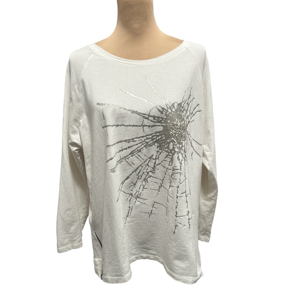 M Made in Italy Womens Sweatshirt Zipper Side Embellished Heart White Size Large